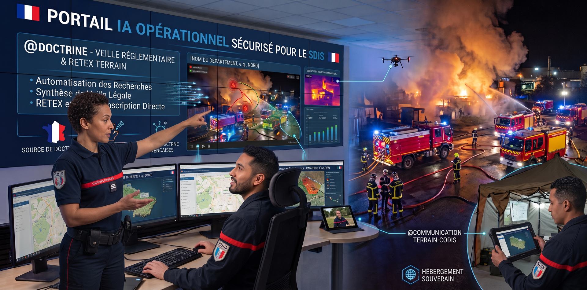 Opérationnel : portail IA opérationnel sécurisé pour le SDIS — @doctrine, veille réglementaire et RETEX terrain, salle de commandement et intervention de nuit.