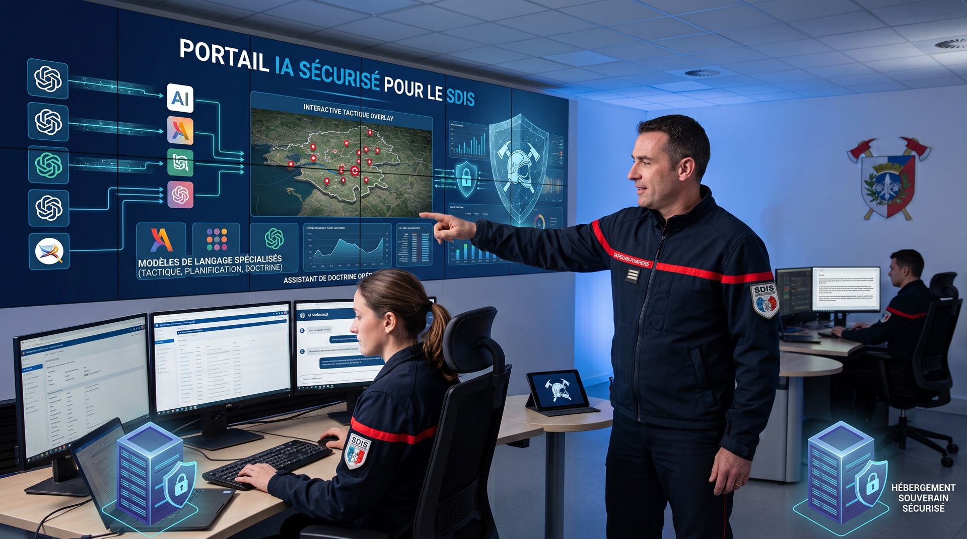 C'est quoi, un portail IA ? Salle de travail d'un SDIS avec le portail IA sécurisé affiché sur grand écran.